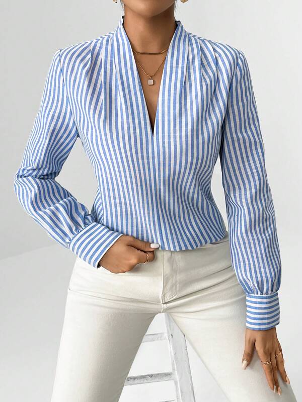 SHEIN Privé Plus Size Women's Elegant V-Neck Long Sleeve Loose Simplistic Blue And White Striped Blouse