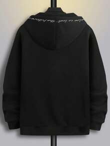 Manfinity Homme 男士加字母圖案袋鼠口袋抽繩連帽衫 - 黑色 - 查看 2