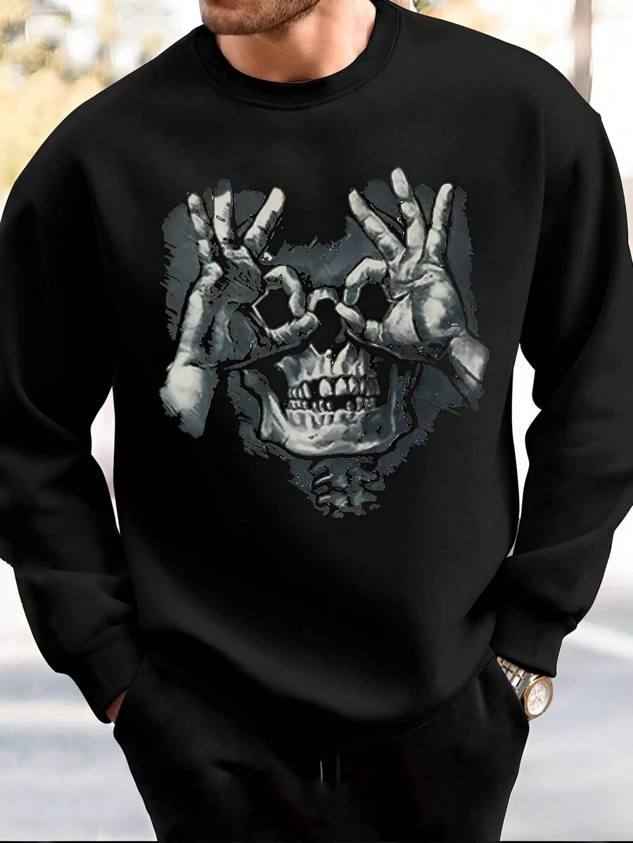 Men Skull Print Sweatshirt, For Halloween, Fall