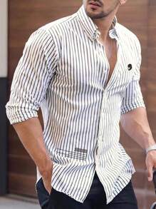 Manfinity Homme Mężczyźni Nadruk w paski Koszula - Biały - Zobacz 1