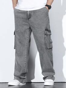 Manfinity Homme 男士加大號活口口袋側拉鍊貨褲，直筒長洗水牛仔褲，素面淺灰色，時尚外出街頭穿搭，尺寸