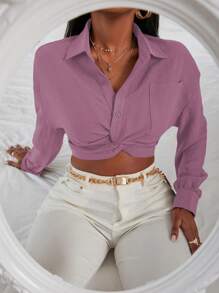 SHEIN SXY 前扭結口袋貼布短款襯衫 - 紫色 - 查看 1