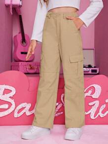 SHEIN Pantalones de carga holgados con bolsillo de solapa lateral de unicolor para niña preadolescente - Caqui - Ver 1