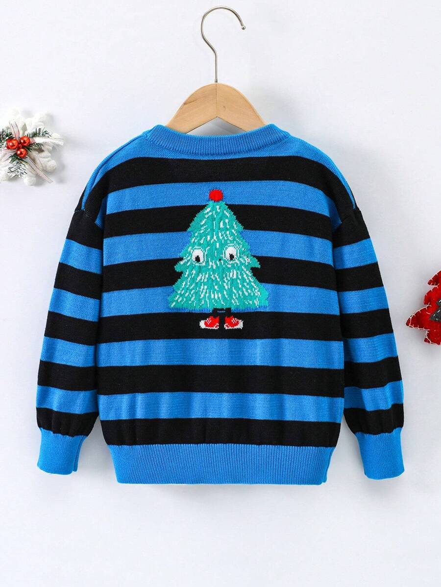 Young Boy Striped & Christmas Tree Pattern Drop Shoulder Cardigan - Multicolor - View 1