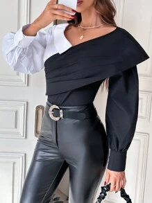 SHEIN Privé 兩色折疊褶皺細節不對稱領口襯衫 - 黑色 - 查看 3