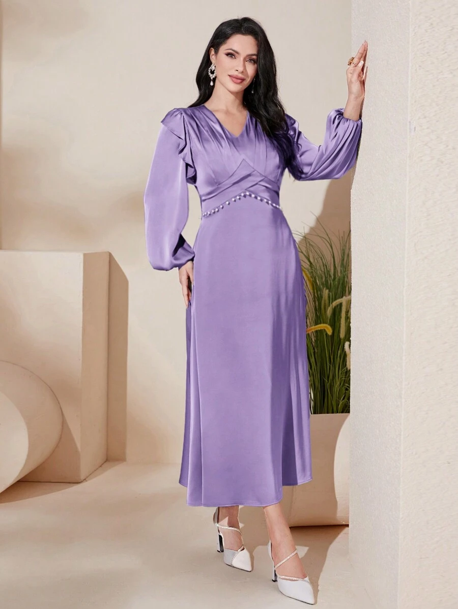 Modelyn Ruffle Trim Lantern Sleeve Pearls Detail Dress - Purple - View 1