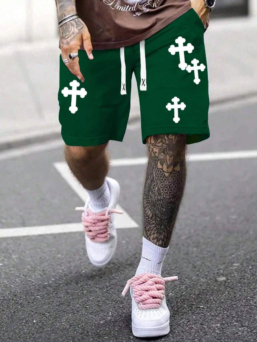 Manfinity LEGND Men's Casual Cross Printed Shorts With Drawstring Waist, Summer - Dark Green - View 1