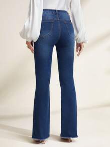 SHEIN Privé Vaqueros de pierna acampanada con ribete de flecos y cintura alta - Azul - Ver 2