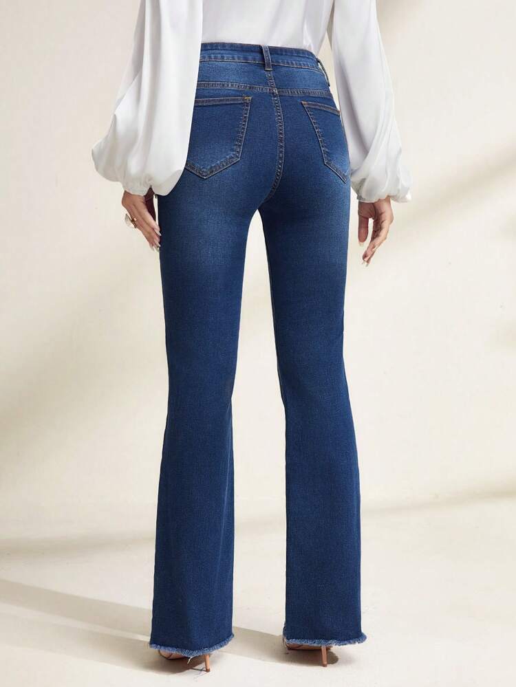 High Waist Fringe Trim Flare Leg Jeans