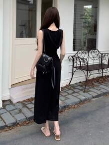 DAZY Solid V Neck Dress - Black - View 6