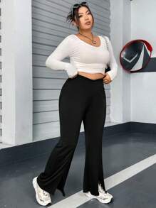 Flirla Hơn Viền chia cắt Quần ống loe - màu đen - Xem 5