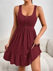 Button Detail Ruffle Hem Dress - Burgundy - View 3