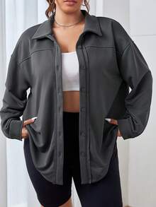 SHEIN EZwear Plus Drop Shoulder Button Front Coat - Dark Grey - View 5