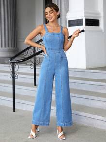 SHEIN Essnce Zip Back Wide Leg Denim Overalls - Light Wash - View 5