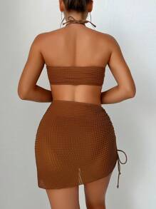 Swim Basics Summer Beach Criss Cross Halter Bra & Swim Bottom Bikini Set With Beach Cover Up Skirt Bathing Suit