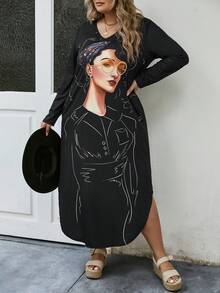 SHEIN LUNE Plus Figure Graphic Hidden Pocket Dress - Black - View 4