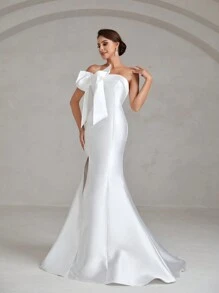 Hochzeitskleid mit einer Schulter frei, Schleife vorne, Schlitz, Satin - Weiss - Übersicht 6