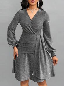 SHEIN Lady Surplice Neck Lantern Sleeve Draped Side Glitter Dress - Silver - View 5