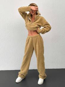 RueChic Half Zip Drop Shoulder Crop Teddy Sweatshirt & Pants - Coffee Brown - View 3
