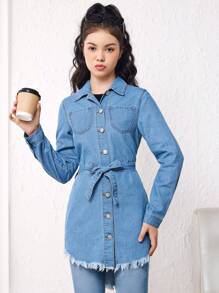 Teen Girl Raw Hem Belted Denim Shirt Dress - Medium Wash - View 3
