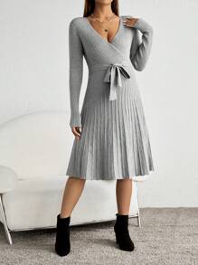 SHEIN Maternity Surplice Neck Belted Sweater Dress, For Winter - Grey - View 5
