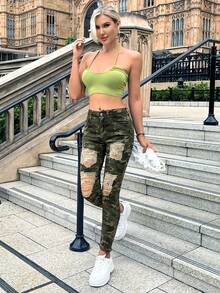 Women Camouflage Ripped Stretch Skinny Leggings - Army Green - View 5