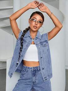 SHEIN ICON Áo khoác denim có túi có nắp thô - Rửa nhẹ - Xem 1