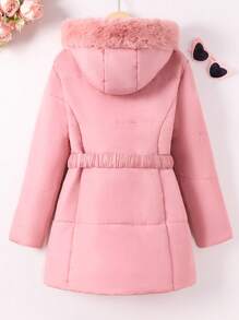 SHEIN Tween Girl 毛绒装饰连帽系带夹棉大衣 - 粉色 - 查看 2