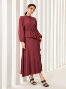 Modelyn Burgundy Red Ruffle Trim Lantern Sleeve Dress Long Evening Dresses - Burgundy - View 6