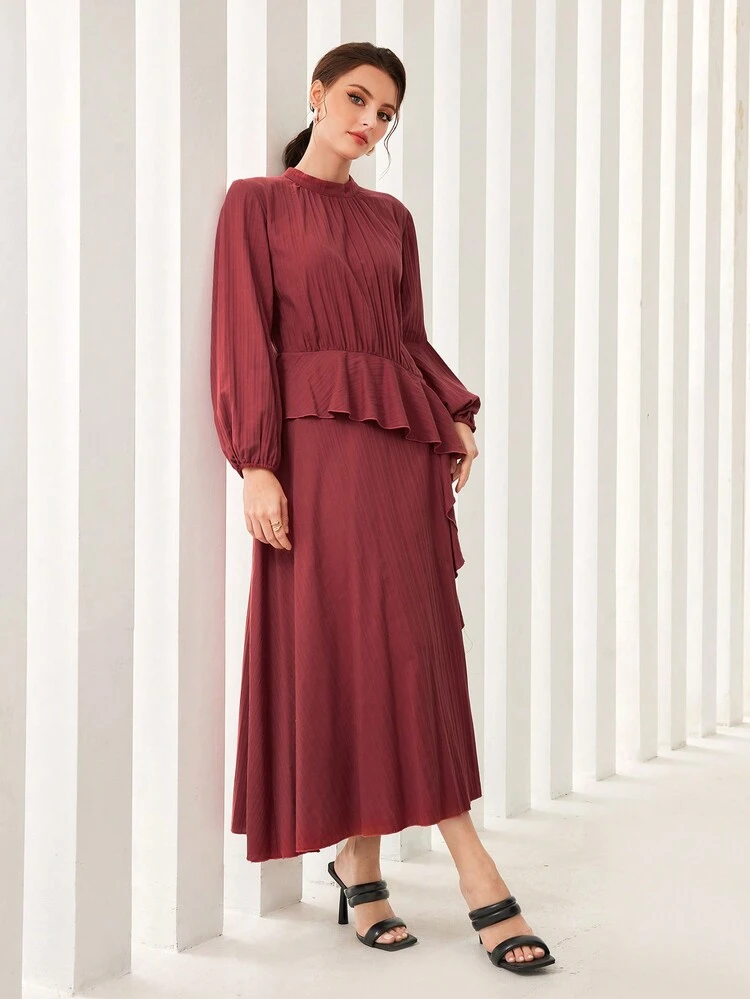 Burgundy Red Ruffle Trim Lantern Sleeve Dress Long Evening Dresses