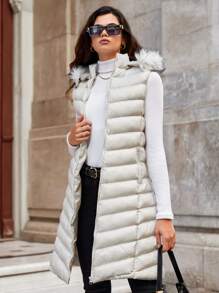 EURMUSE Fuzzy Trim Hooded Puffer Vest Coat - White - View 6
