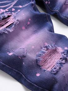 Men Splash Ink Print Ripped Frayed Bleach Wash Jeans - Purple - View 8