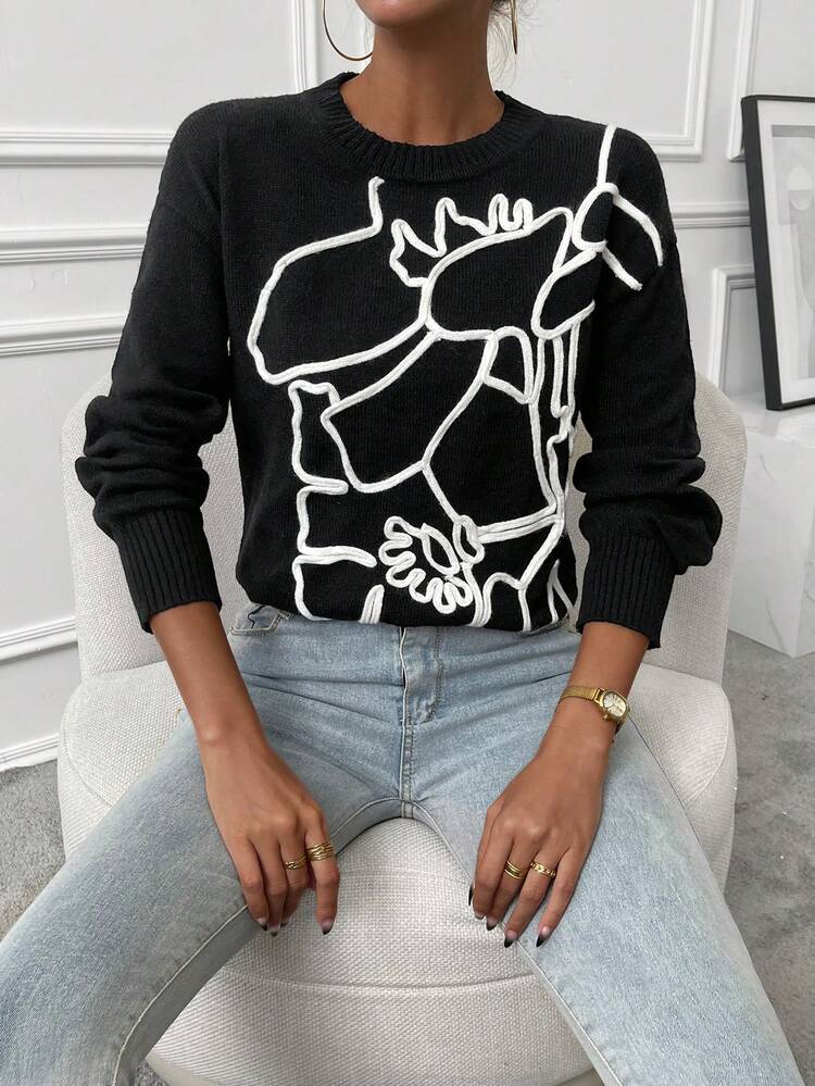 Graphic Pattern Drop Shoulder Knit Pullover Fall Winter Sweater