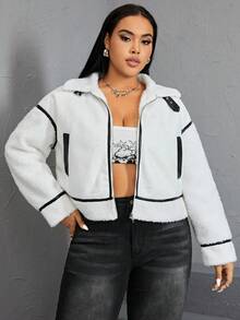 SHEIN EZwear Plus Áo khoác Teddy có dây buộc tương phản - Màu be - Xem 6