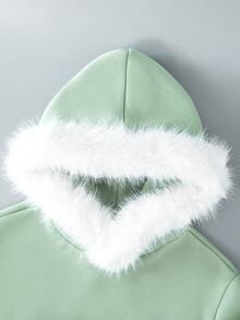 SHEIN 女大童毛茸邊袋鼠口袋連帽衫和運動褲 - 綠色 - 查看 3