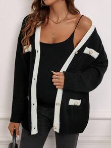SHEIN Maternity Contrast Trim Drop Shoulder Cardigan - Black and White - View 6