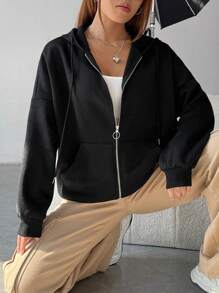 SHEIN EZwear 標語圖案落肩袖拉鍊開襟抽繩連帽衫 - 黑色 - 查看 3