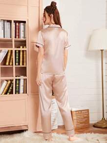 心形刺绣滚边缎面睡衣套装/睡衣套装 - 香檳色 - 查看 2