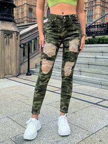 Women Camouflage Ripped Stretch Skinny Leggings - Army Green - View 3