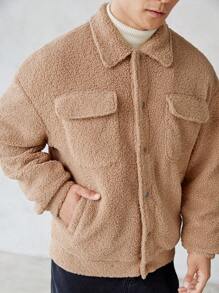 Manfinity VCAY Loose Fit Men's Flap Pocket Drop Shoulder Teddy Jacket, For Fall Winter - Khaki - View 4