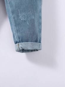 Baby Boy Street Casual Skateboarding Bear Print Elastic Waist Ripped Baggy Jeans - Light Wash - View 5