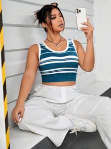 SHEIN EZwear Plus Striped Pattern Contrast Binding Crop Knit Top - Multicolor - View 1
