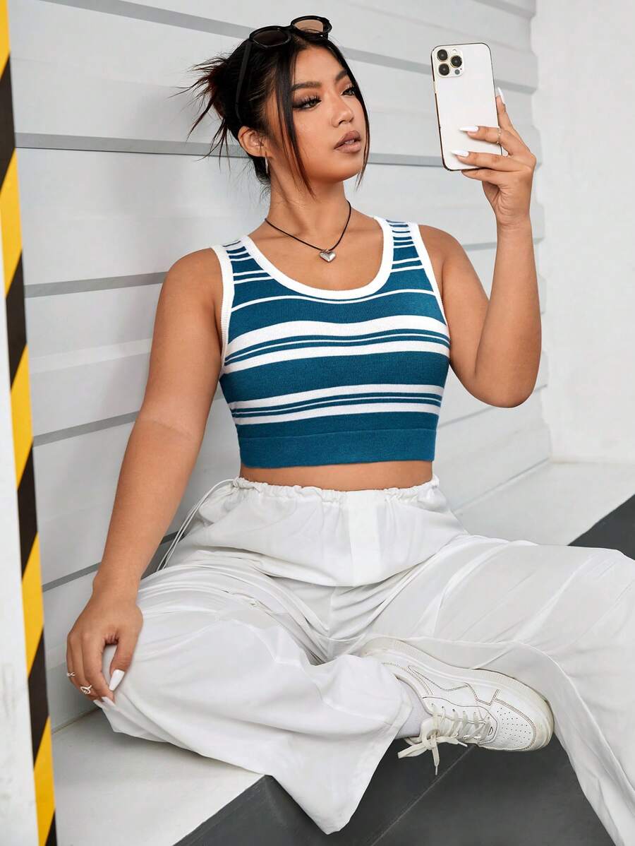 SHEIN EZwear Plus Striped Pattern Contrast Binding Crop Knit Top - Multicolor - View 1