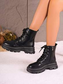Botas con cordones y cinta con cremallera lateral para mujer, botas de moda negras punk - Negro - Ver 5