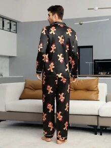 男士圣诞印花撞色滚边缎面睡衣套装/家居服套装，秋冬服装 - 黑色 - 查看 2