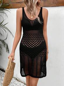 SHEIN VCAY 鏤空針織背心洋裝不附帶內衣褲套裝 - 黑色 - 查看 6