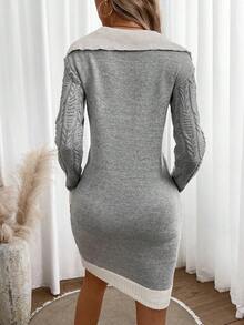 SHEIN LUNE Contrast Trim Cable Knit Contrast Collar Sweater Dress - Grey - View 2