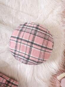 女嬰格紋印花翻蓋細節夾克&百褶半身裙&帽 - 藕粉色 - 查看 4