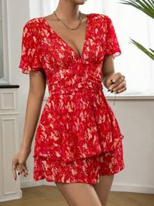 SHEIN VCAY Allover Print Butterfly Sleeve Romper - Red - View 5