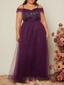 SHEIN Belle Plus Cold Shoulder Contrast Sequin Mesh Bridesmaid Dress - Red Violet - View 1